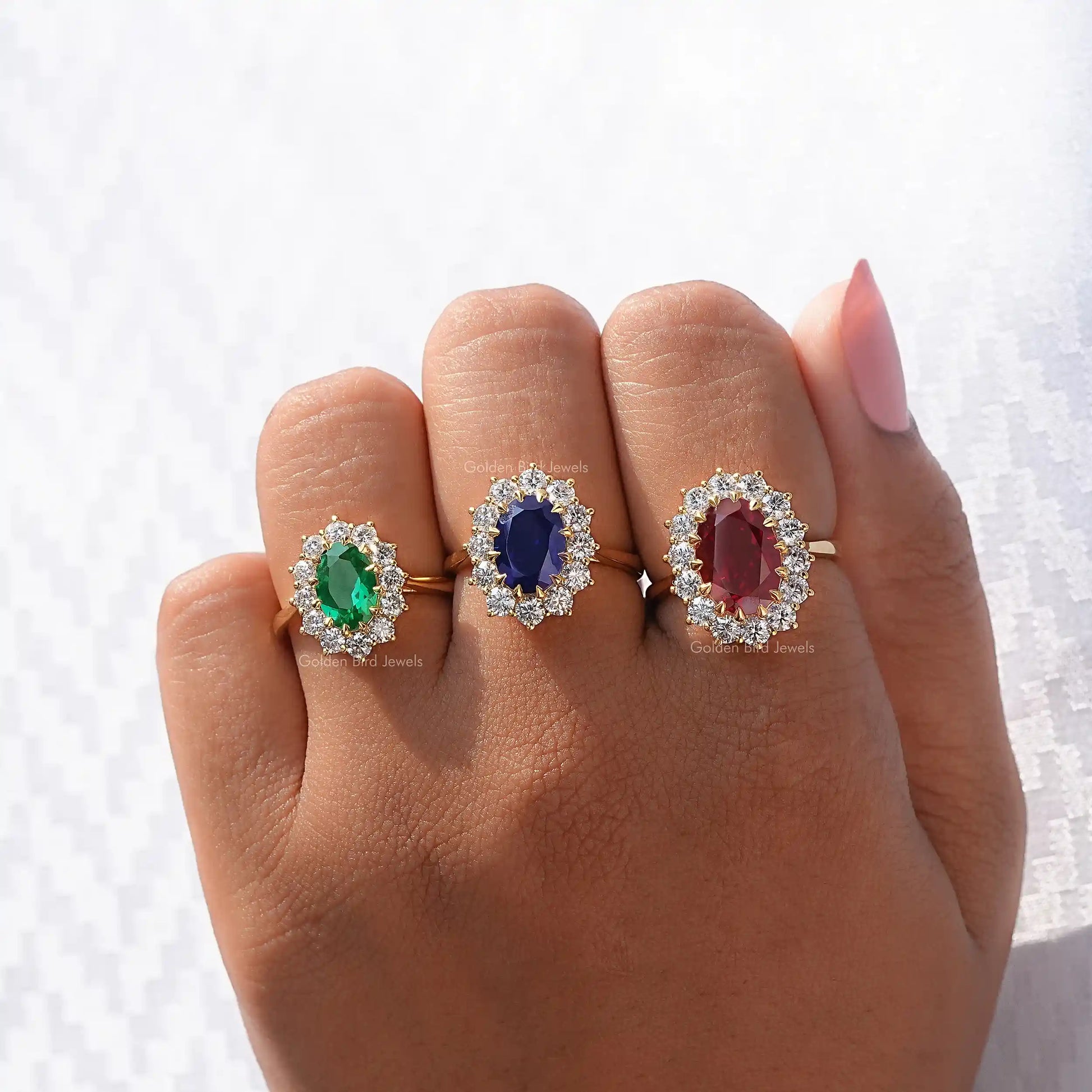 Blue Sapphire Oval Cut Gemstone Halo Ring In Yellow Gold