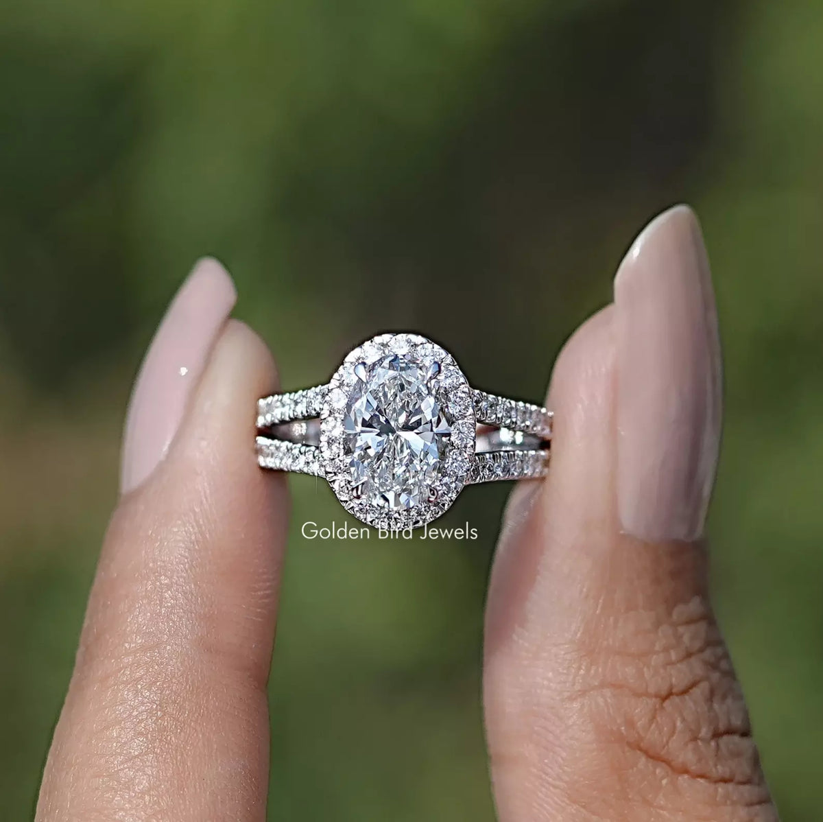 Oval Cut Halo Diamond Split Shank Engagement Ring