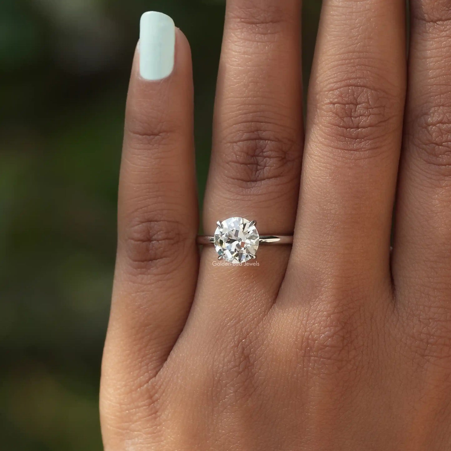 Close-Up View of Round Cut Diamond Engagement Ring In White Gold       