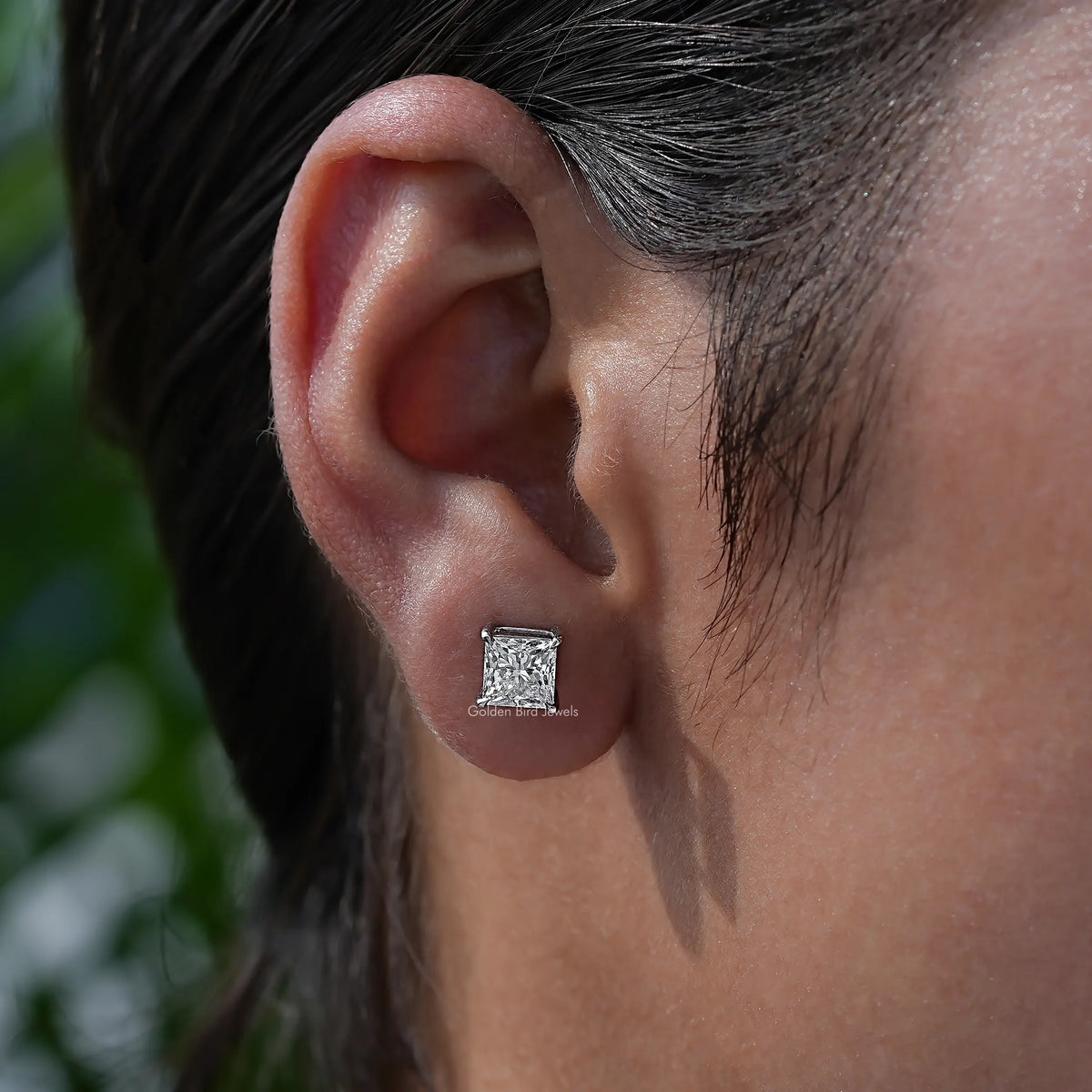 In Ear view of princess Cut lab diamond Stud Earrings