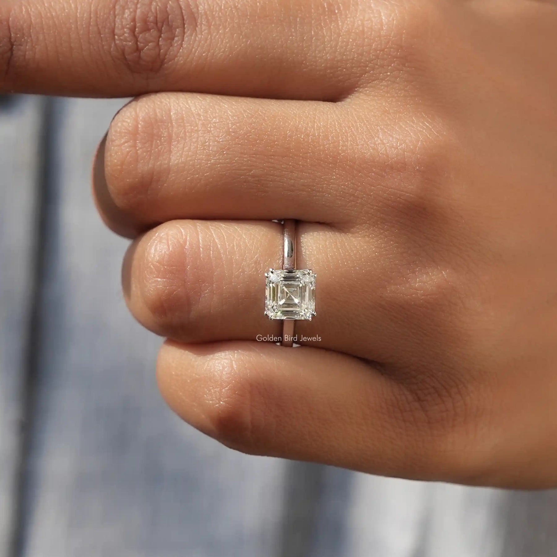 [14K White Gold Emerald Cut Diamond Engagement Ring]-[Golden Bird Jewels]