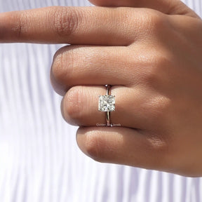 [White Gold Square Radiant Cut Lab Diamond Solitaire Ring]-[Golden Bird Jewels]