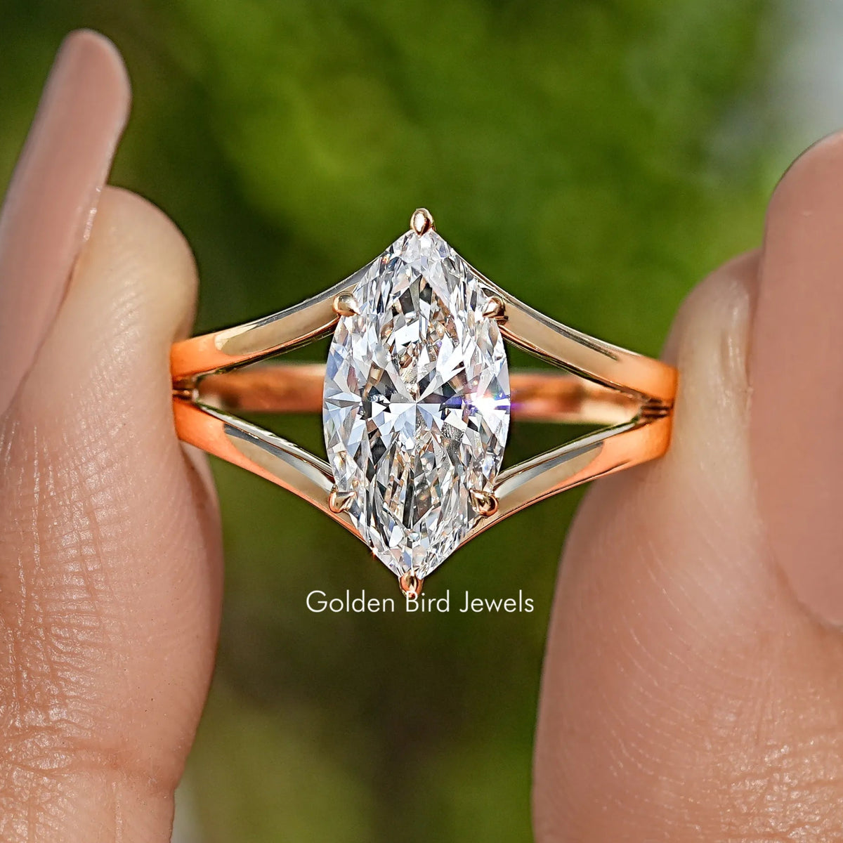 Front View of Split Shank Marquise Cut Lab Diamond Ring

