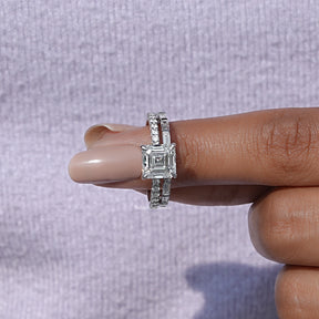 On finger front view of Emerald Cut Diamond Wedding Ring Set