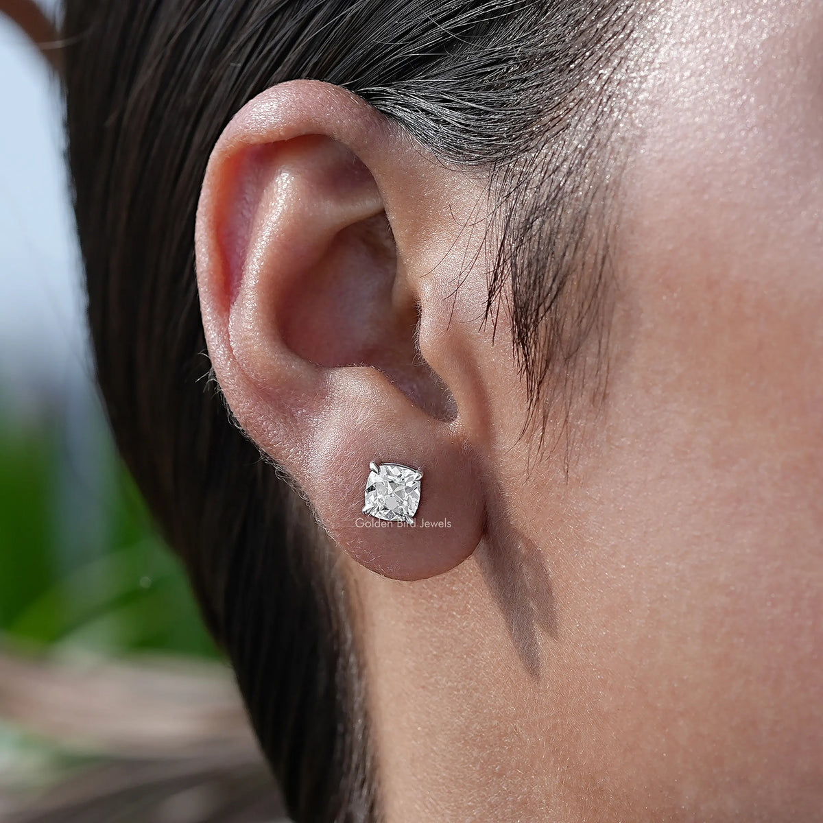 [Old Mine Cushion Cut Diamond Stud Earrings]-[Golden Bird Jewels]