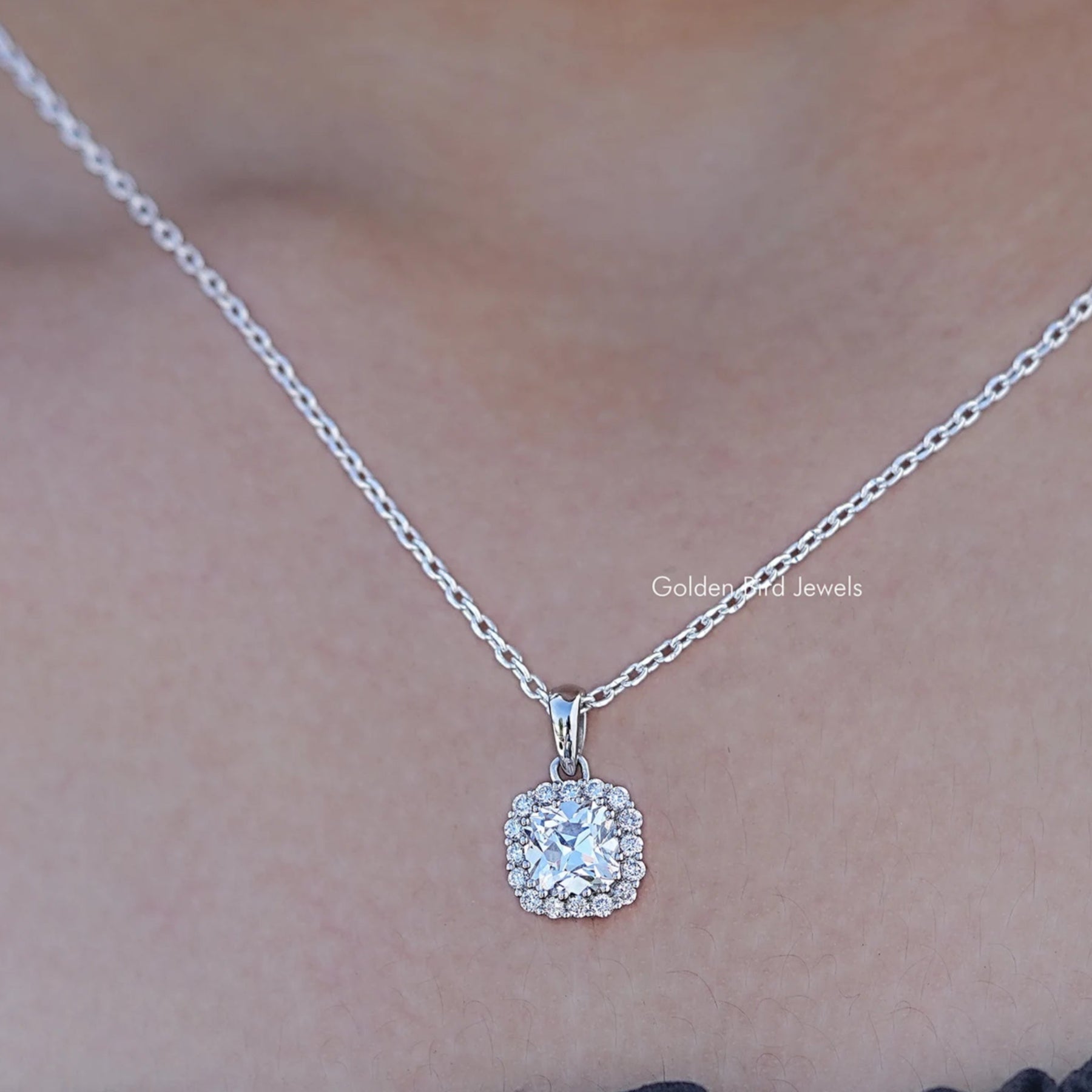 Close up view of Old European Round Lab Diamond Halo Pendant
