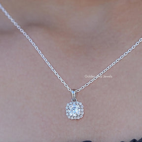 Close up view of Old European Round Lab Diamond Halo Pendant