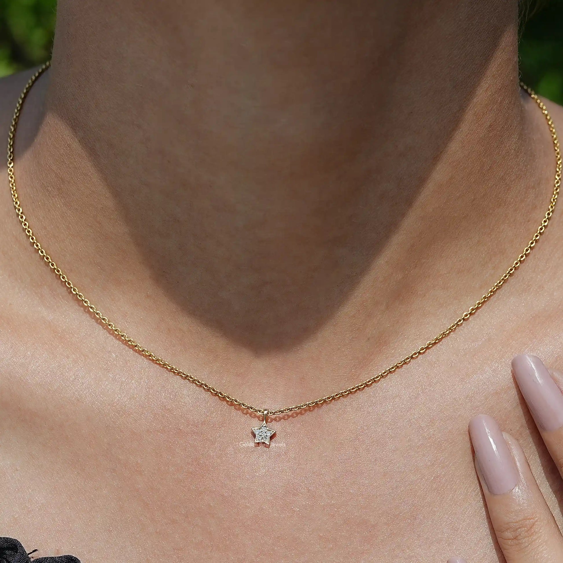 View of Star Shaped Round Cut Diamond Pendant​ In Yellow Gold