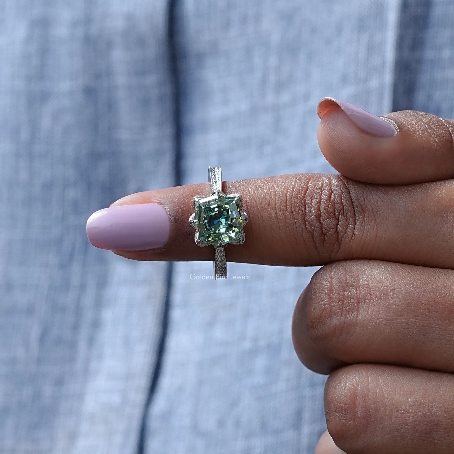 [Green Cushion Cut Moissanite Ring]-[Golden Bird Jewels]