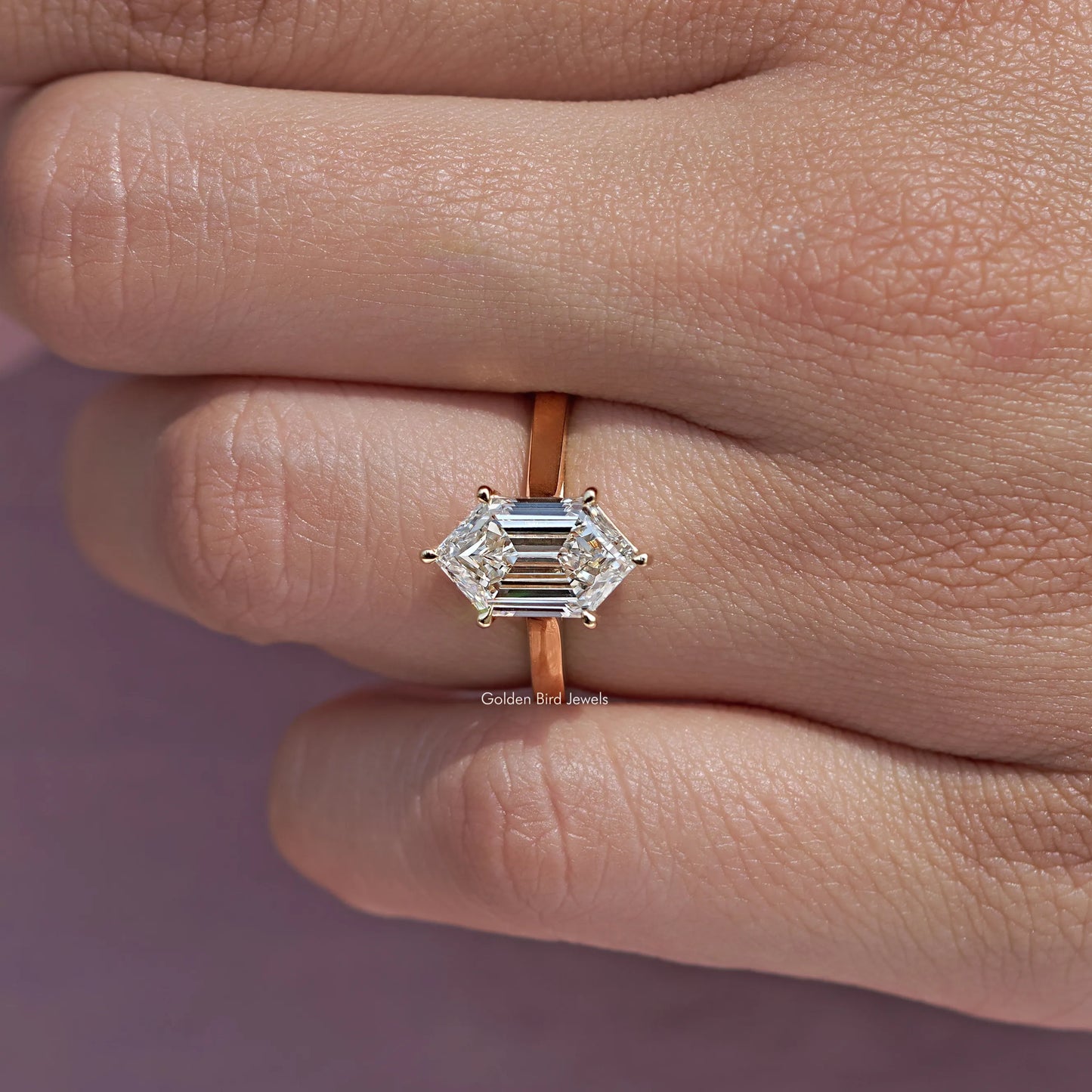 Close-Up View of Step Cut Dutch Marquise Diamond Ring In yellow gold