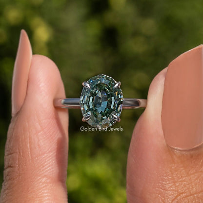 Step Cut Oval Hidden Halo Solitaire Ring