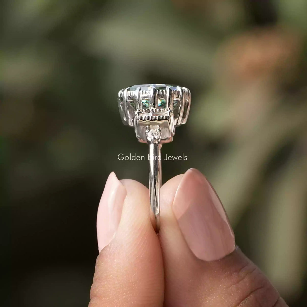 [Blue Green Oval Cut Moissanite Engagement Ring]-[Golden Bird Jewels]