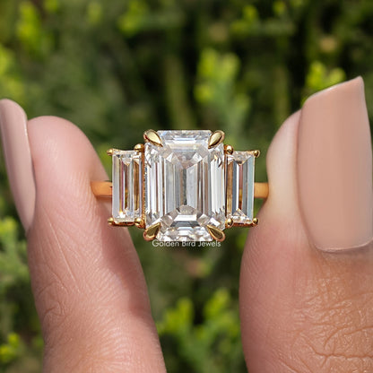 Three Stone Old Mine Emerald Cut Moissanite Engagement Ring