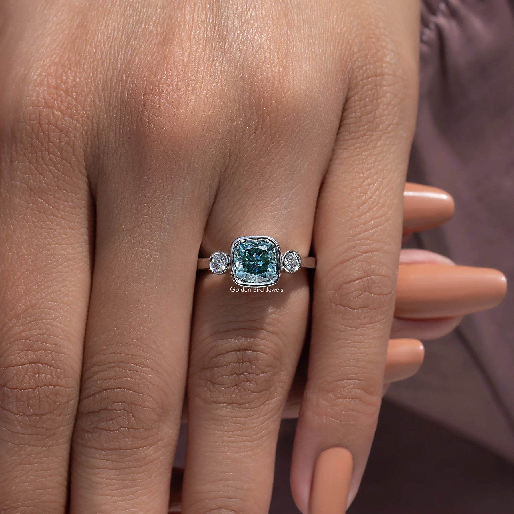 Close view of Moissanite Cushion Cut Ring