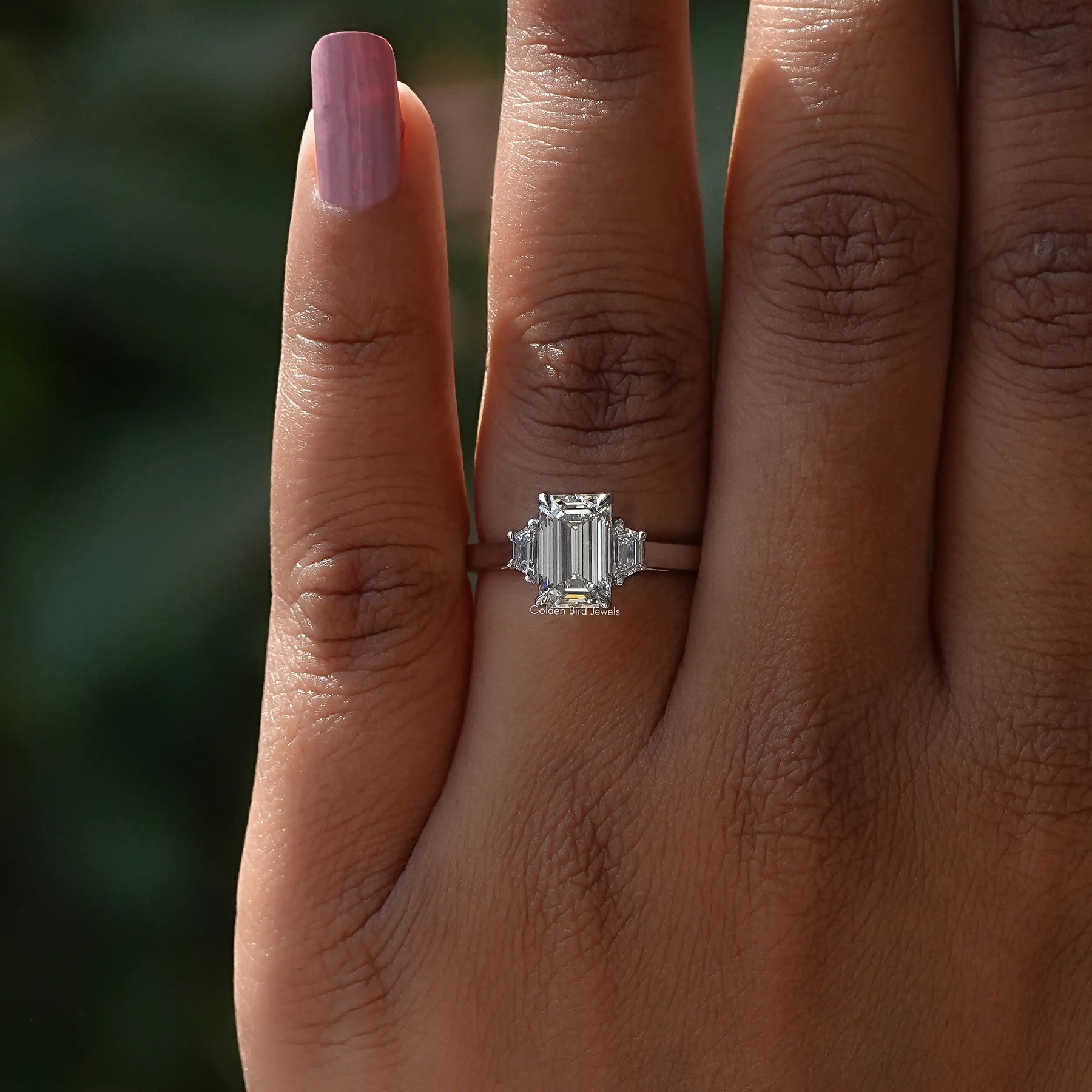 [3 Stone Diamond Emerald Cut Ring]-[Golden Bird Jewels]