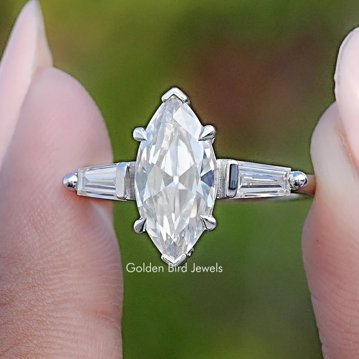 Front View of Three Stone Old Mine Marquise Moissanite Ring