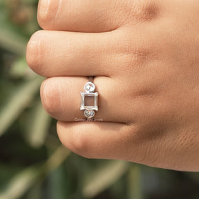 View of Princess Cut Moissanite Three Stone Ring In finger