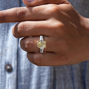 [Yellow Radiant Cut Moissanite Ring With Tapper Baguette Cut Side Stones]-[Golden Bird Jewels]