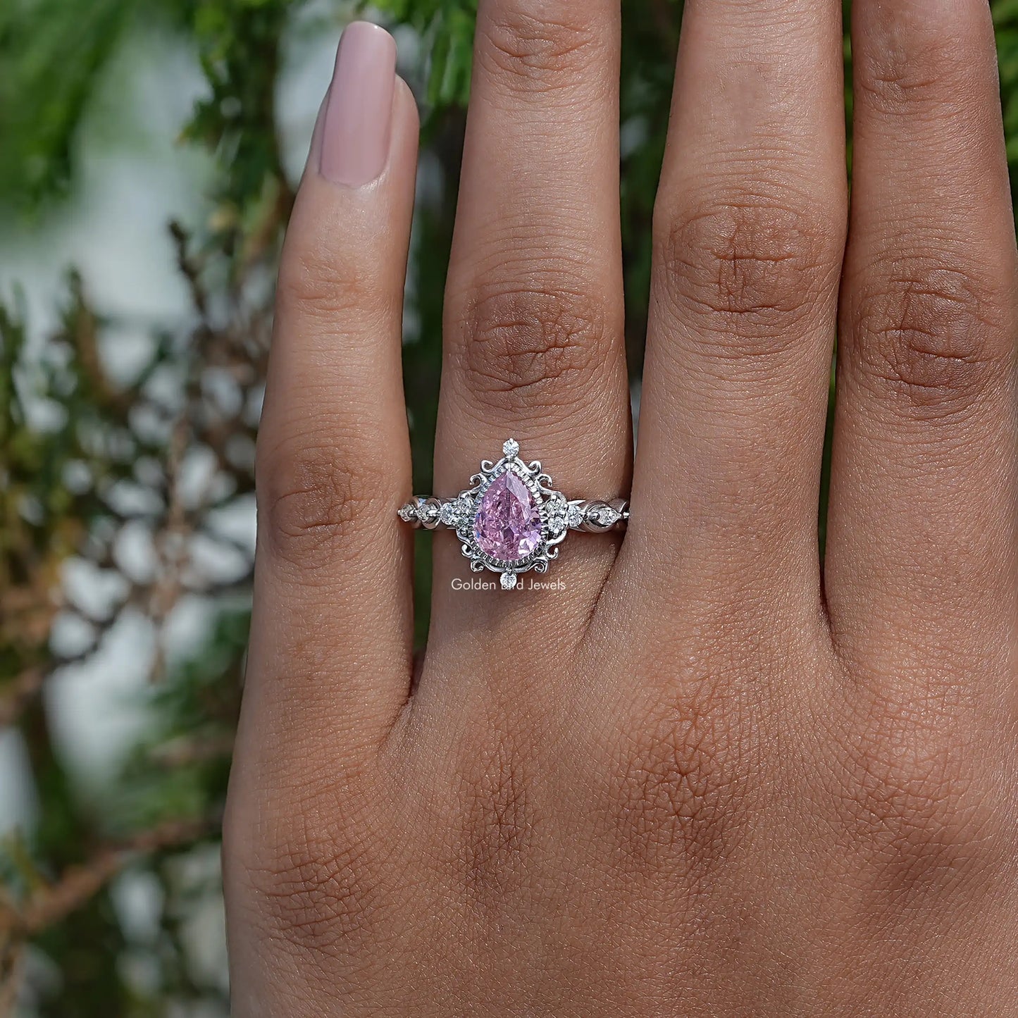 Front View of Pink Tourmaline Pear Shaped Gemstone Ring In White Gold