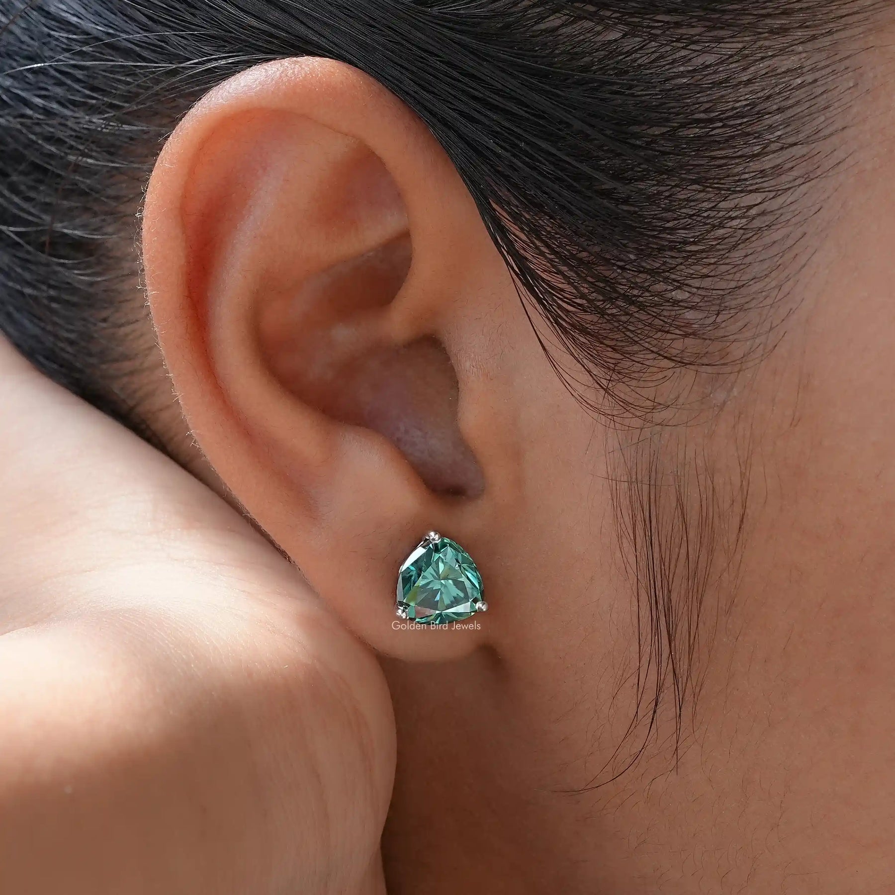 [Green Trillion Cut Stud Earrings]-[Golden Bird Jewels]