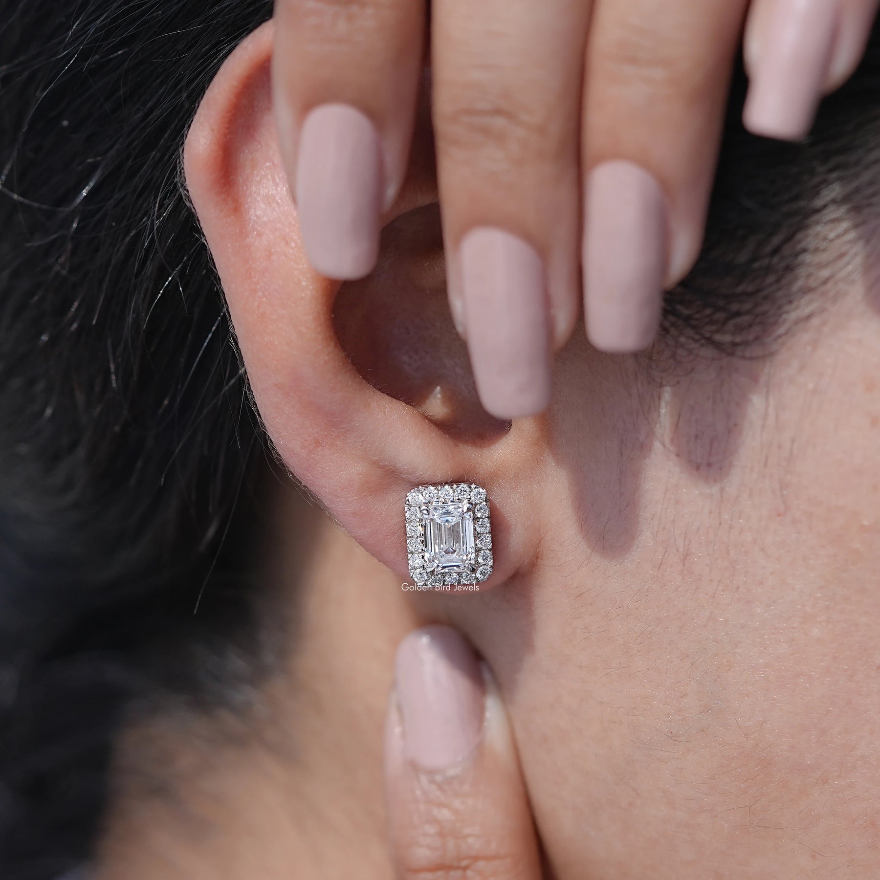 Lab Grown Emerald Cut Diamond Halo Earrings