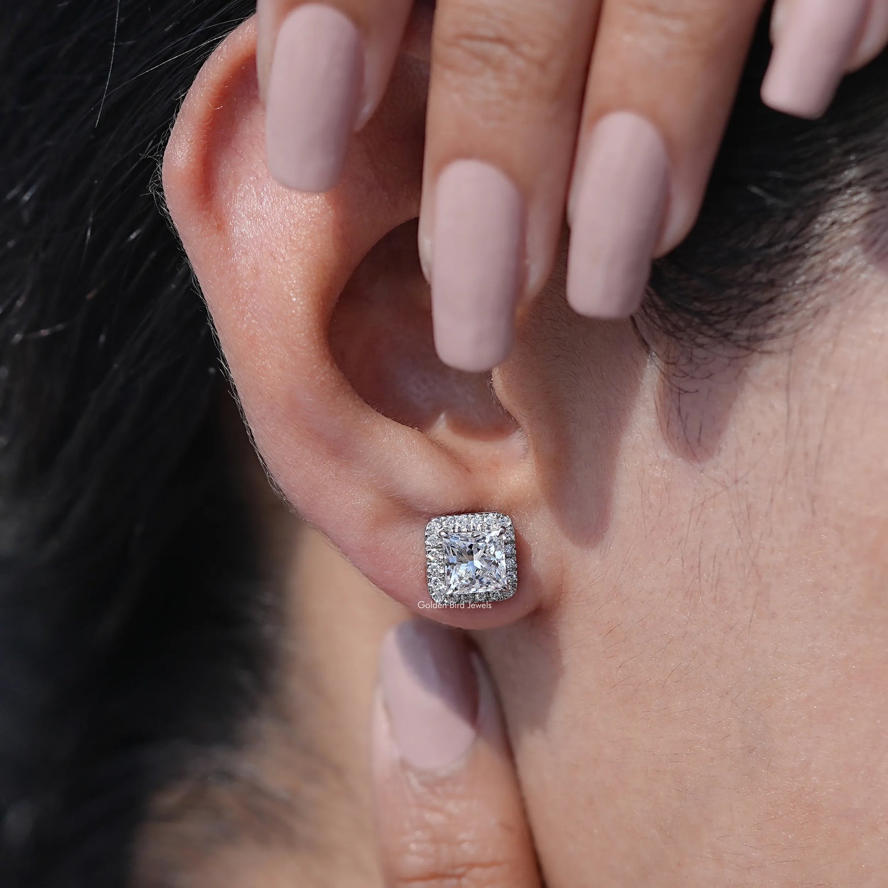 Princess Cut Lab Diamond Halo Stud Earrings