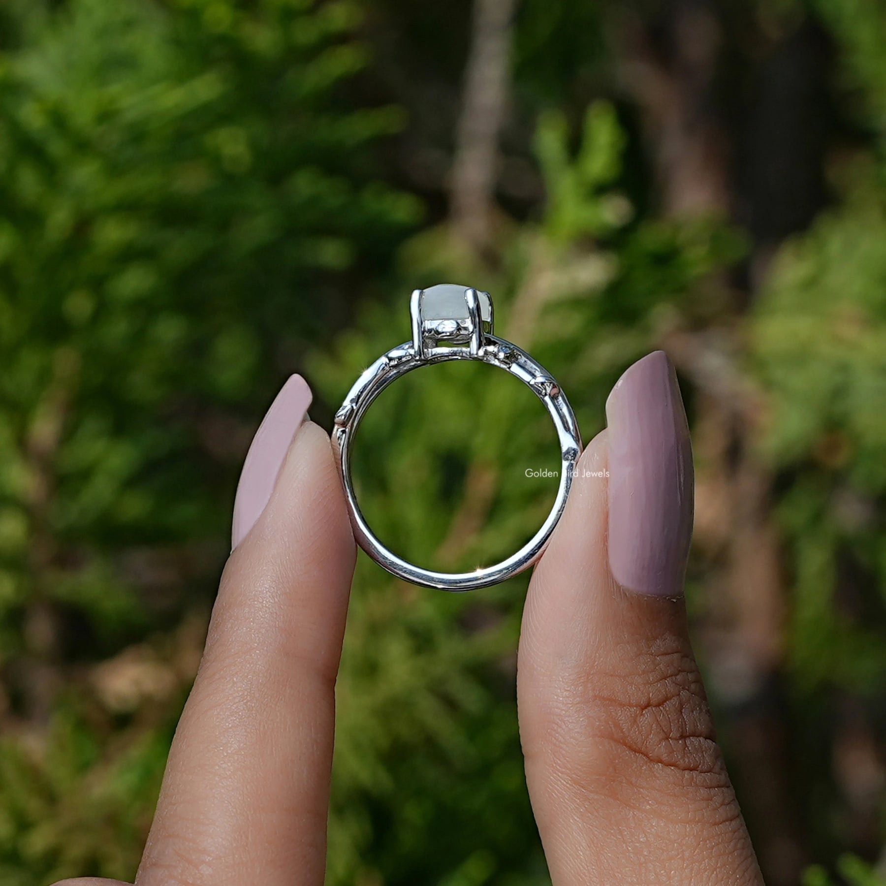 Back View of Round Cut Gemstone Solitaire Ring In two fingers