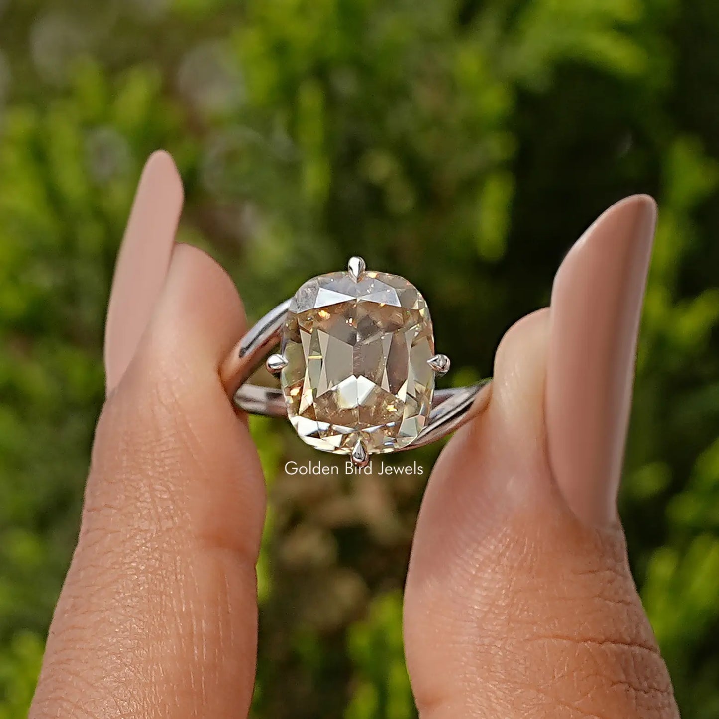 Bypass Shank Old Mine Yellow Cushion Moissanite Solitaire Ring