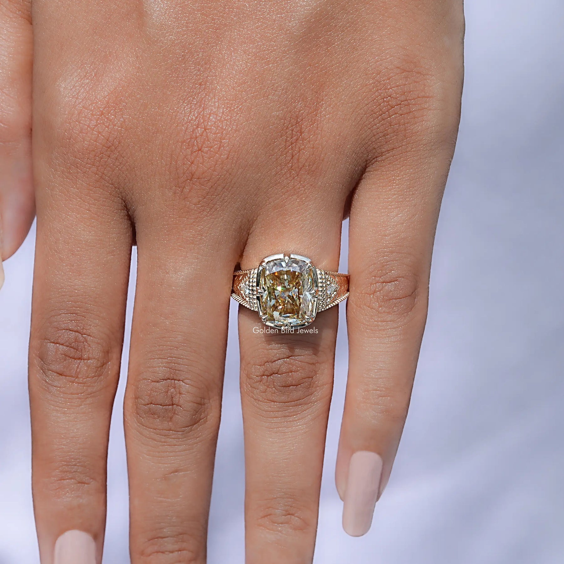 Filigree Yellow Elongated Cushion Moissanite Ring