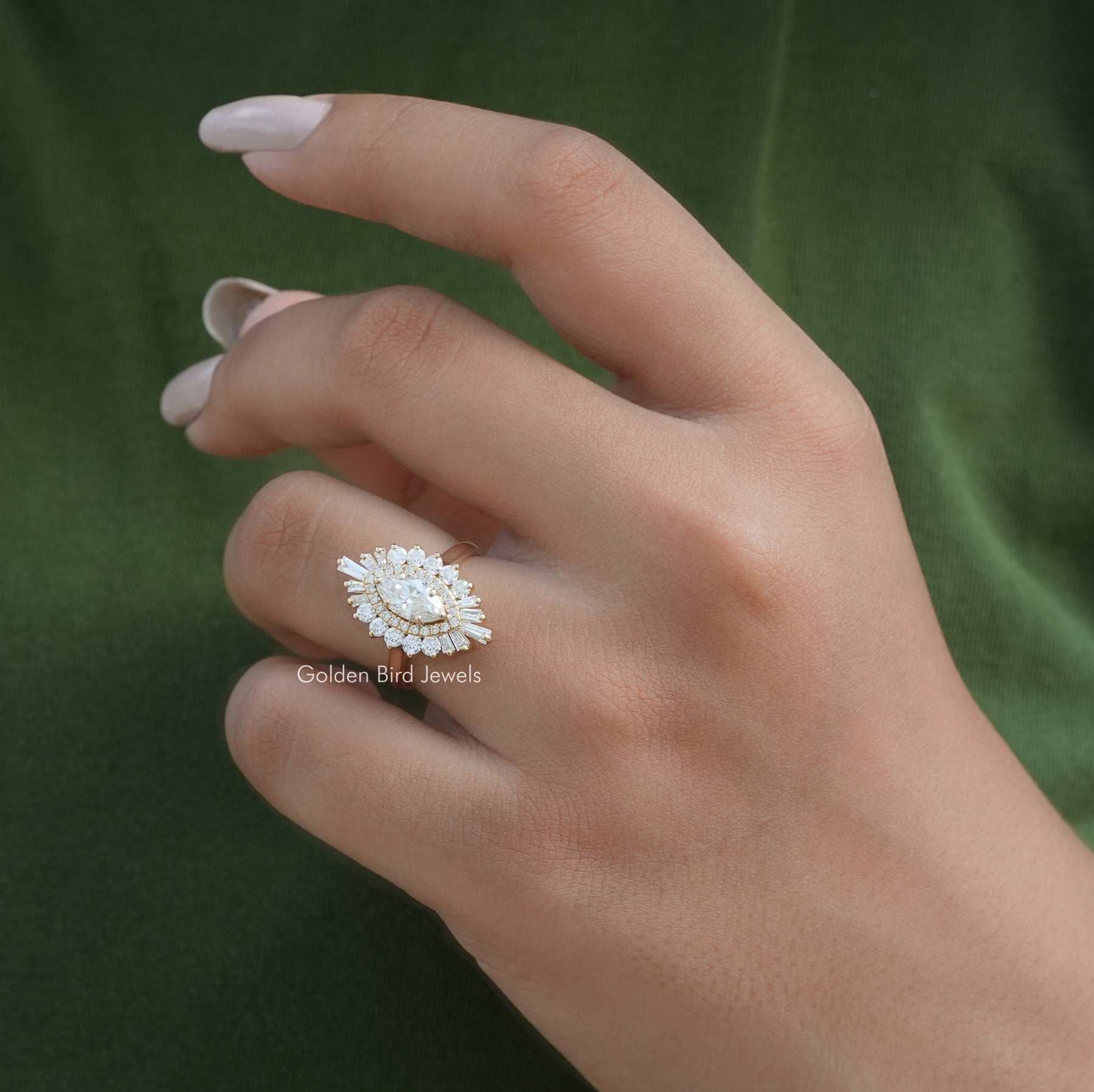 View of Marquise Cut Halo Ballerina Ring In Yellow Gold