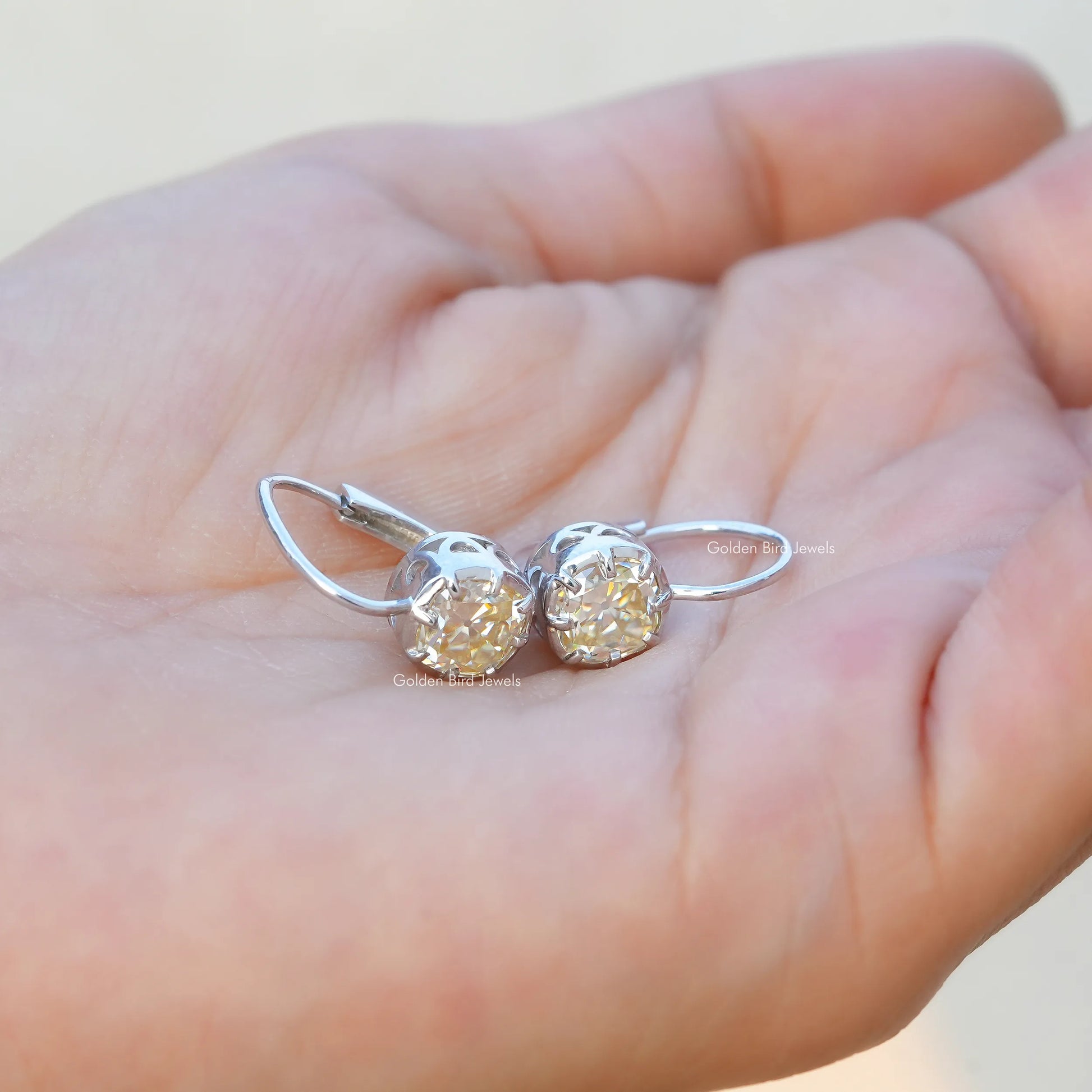 [White Gold Old Mine Cushion Cut Moissanite Earrings]-[Golden Bird Jewels]