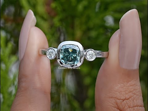 Three Stone Cushion Cut Moissanite Engagement Ring