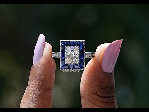 [YouTube Video Of French Radiant Cut Moissanite Halo Ring]-[Golden Bird Jewels]