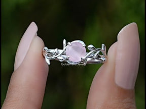 Rose Quartz Round Gemstone Leaf Style Ring