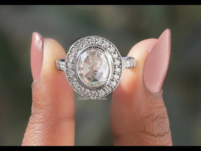 [YouTube Video Of Rose Cut Oval Moissanite Halo Engagement Ring]-[Golden Bird Jewels]