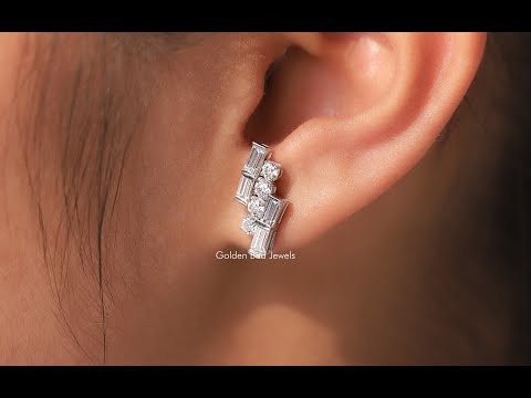 [YouTube Video Of Moissanite Round And Baguette Cut Stud Earrings]-[Golden Bird Jewels]