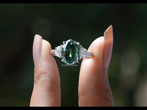 [YouTube Video Of Dark Green Oval Cut Moissanite 3 Stone Ring]-[Golden Bird Jewels]