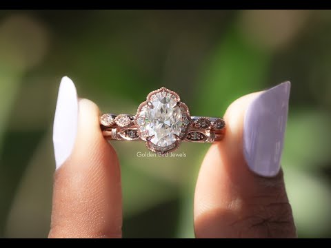 [YouTube Video Of Oval Cut Moissanite Halo Ring Set]-[Golden Bird Jewels]