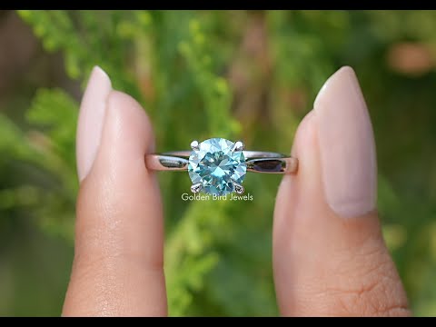 Blue Green Round Moissanite Solitaire Ring