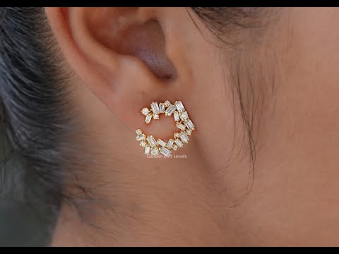 [Moissanite Baguette Cut SideWay Spiral Hoop Earrings]-[Golden Bird Jewels]