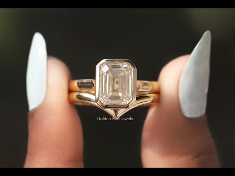 Emerald Cut Moissanite Solitaire Bezel Set Ring With Curved Band