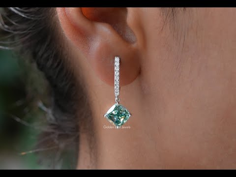 Cushion Cut Blue Green Moissanite Drop Dangle Earrings