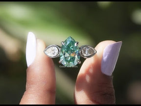 [YouTube Video Of Blue Old Mine Pear Cut Moissanite 3 Stone Ring]-[Golden Bird Jewels]