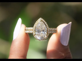 [YouTube Video Of Pear Cut Moissanite Halo Engagement Ring]-[Golden Bird Jewels]