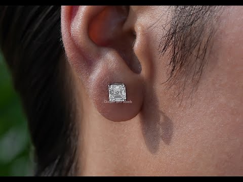 [YouTube Video Of Asscher Cut White Gold Stud Earrings]-[Golden Bird Jewels]