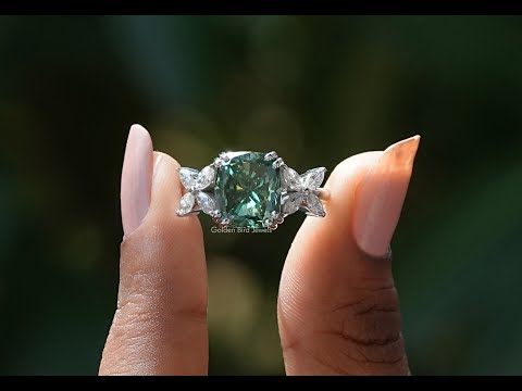 [YouTube Video Of Dark Green Cushion Cut Moissanite Engagement Ring]-[Golden Bird Jewels]