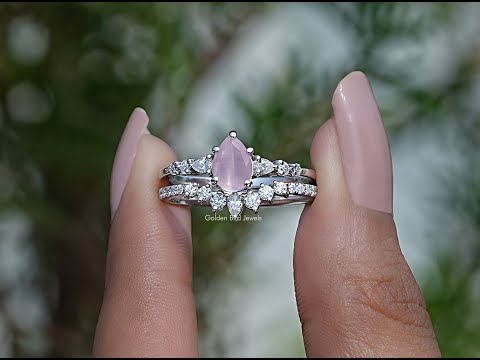 [YouTube Video Of Pink Tourmaline Pear Cut Gemstone Bridal Ring Set]-[Golden Bird Jewels]