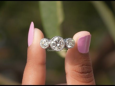 [YouTube Video Of Round Cut Bezel Setting Moissanite Three Stone Ring]-[Golden Bird Jewels]