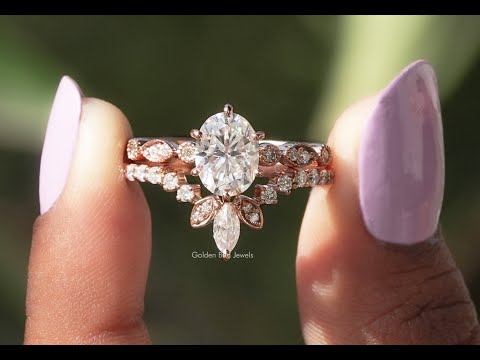 [YouTube Vieo Of Colorless Oval Cut Moissanite Bridal Ring Set]-[Golden Bird Jewels]