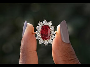 [Red Ruby Cushion Cut Halo Engagement Ring]-[Golden Bird Jewels]